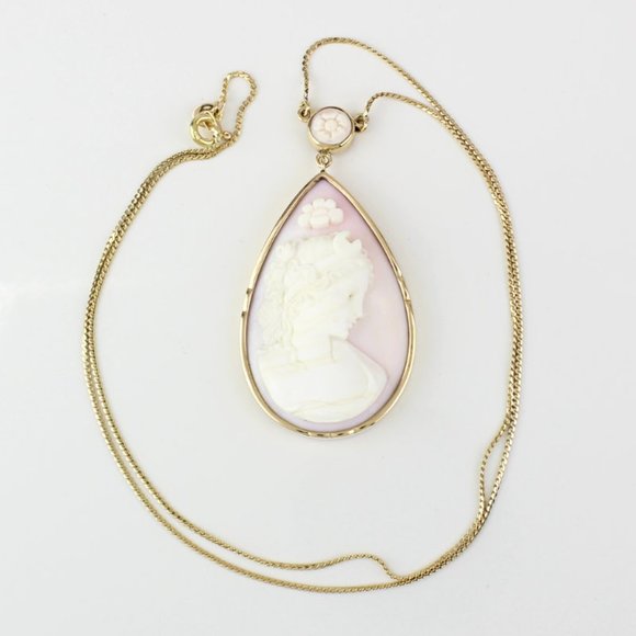 14k Yellow Gold Antique Victorian Greek Goddess Selene Cameo Necklace (c.1915) - Picture 4 of 5